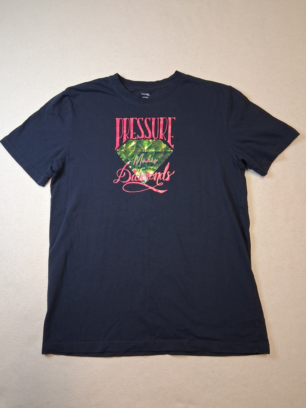 George 100% Cotton Black Tee with Pink Text and Green Diamond Graphic